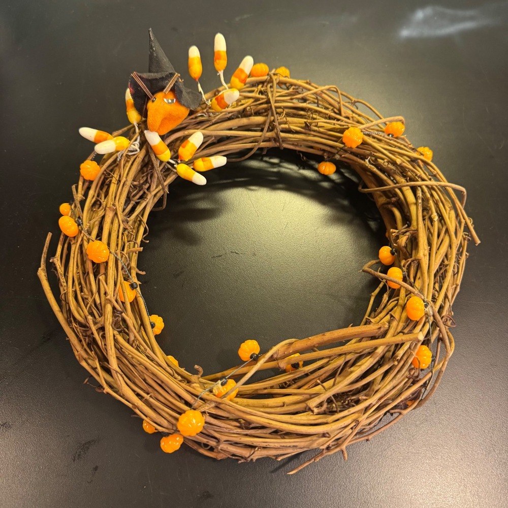 Halloween Wreath 10in Orange Candy Corn Pumpkin Witch Grapevine Rustic Decor